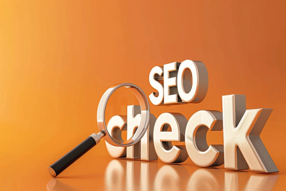 3D illustratie van de woorden "SEO Check" in grote metalen letters met een vergrootglas erop leunend tegen een oranje achtergrond, met de nadruk op de analyse van zoekmachineoptimalisatie.