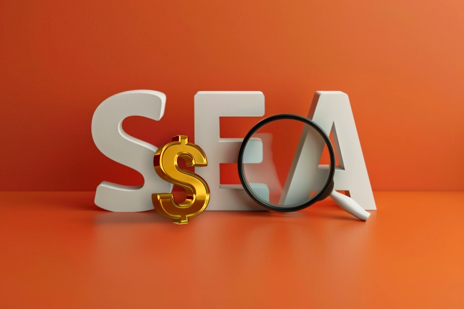 Een vergrootglas leunend op grote witte letters die 'seo' spellen, waarbij de 's' zijn vervangen door een gouden dollarteken, allemaal tegen een oranje achtergrond, wat symbool staat voor de nauwkeurige inspectie van zoekmachineoptimalisatie als een waardevolle digitale marketingstrategie.