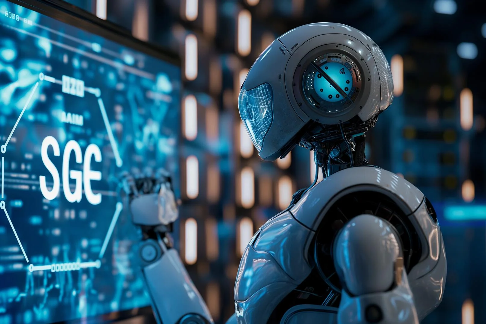 Search Generative Experience. Een futuristische robot met een strak wit ontwerp en een ronde kop met digitale elementen, die communiceert met een interactief display met de aanduiding 'sge' in een hightech-omgeving.