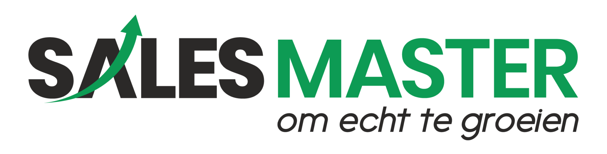 Grafisch logo met de tekst "SALES MASTER" in vette letters. "SALES" is in zwarte tekst met een groene pijl die de letter "A" vormt, terwijl "MASTER" in groene tekst is. Hieronder staat de zin "om echt te groeien" in grijze cursieve letters.