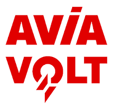 De afbeelding toont het "Avia Volt"-logo in vette, rode hoofdletters op een effen witte achtergrond. De letter "O" in "Volt" is gestileerd met een bliksemschichtsymbool, wat het concept van elektriciteit of kracht benadrukt.